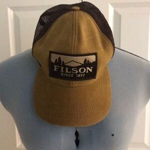 Filson Dark Tan & Brown Canvas with Mesh Back Logo Trucker Cap Hat